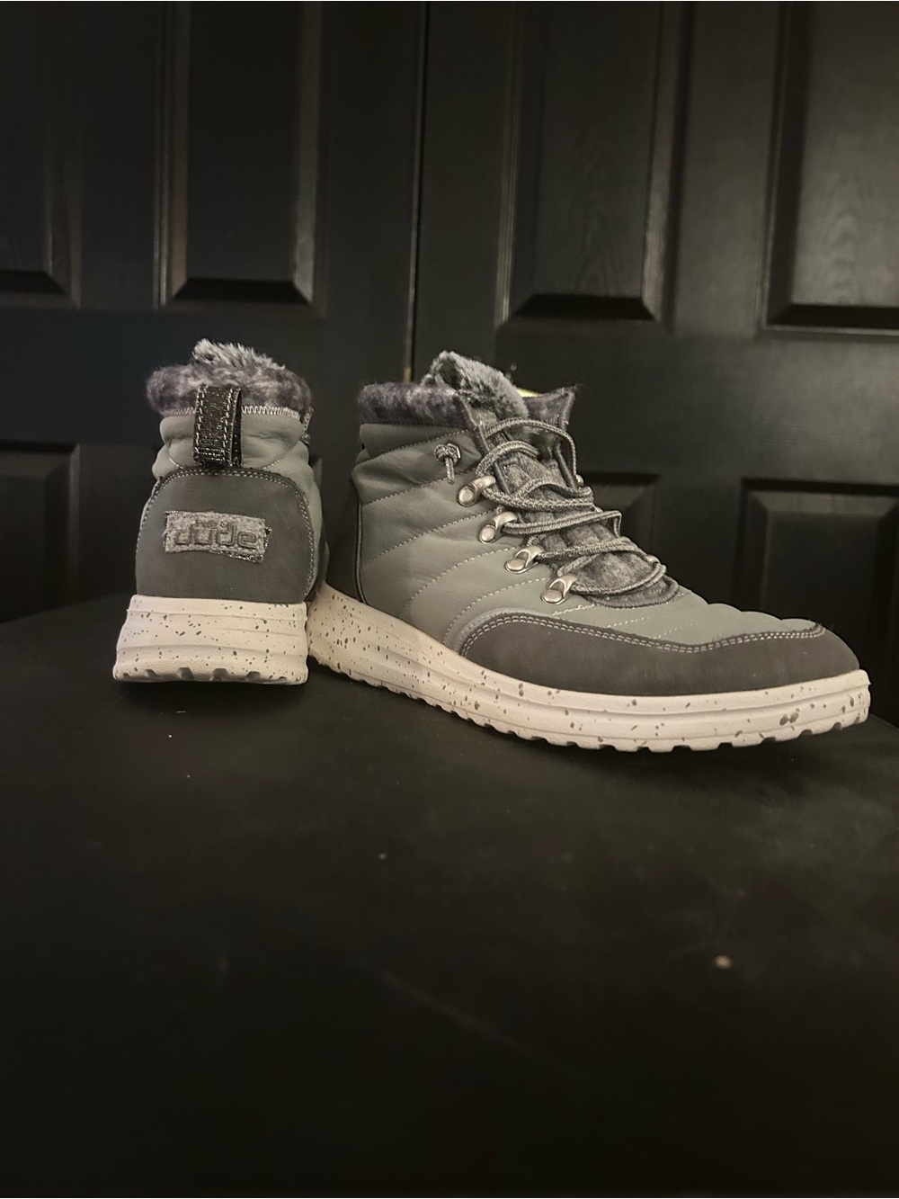Brandy Melville Gray Quilted Men's Hiker Boots with Faux-Fur Collar